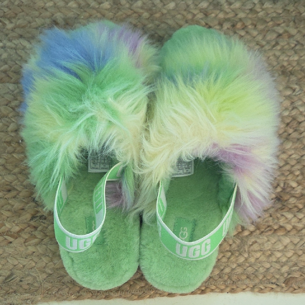 UGG Vibrant Fluffy Slippers in Green and Purple